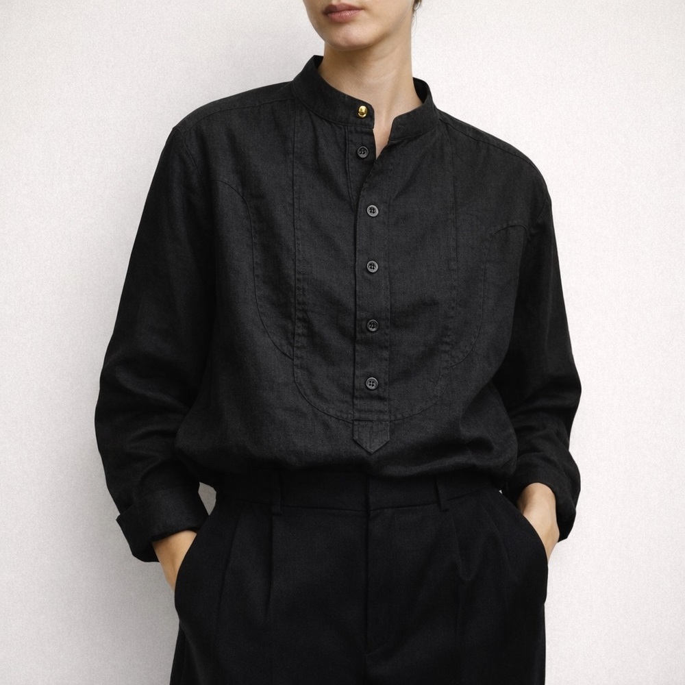 Vintage Lauren Ralph Lauren Black 100% Linen Bib Blouse Size 8